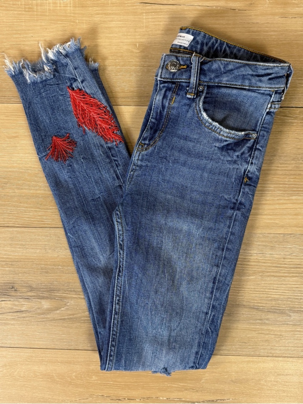 Zara Woman Embroidered Skinny Jeans Distressed Raw Hem Denim | Size 2 - Picture 3 of 6